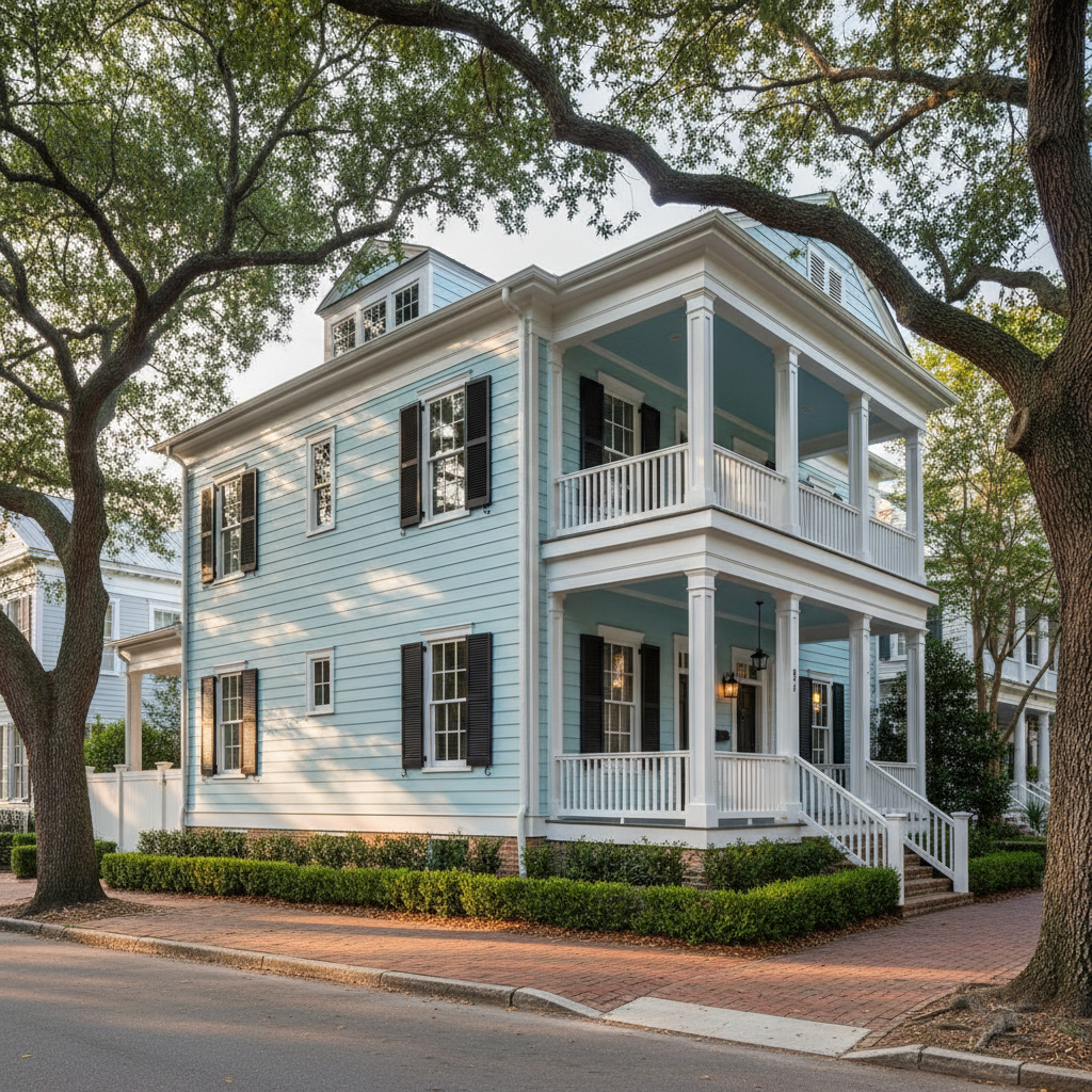 A modern Charleston single-style home in pristine condition, with pastel blue clapboard siding, crisp white trim, and a double side porch accented by black shutters. The house is set on a quiet residential street with brick sidewalks, trimmed hedges, and mature trees arching overhead. Late afternoon natural light creates gentle highlights along the porch railings and soft shadows across the front steps. The mood is calm, aspirational, and trustworthy, echoing expert real estate guidance. Photographed at eye level with a slight angle toward the corner of the home, the composition follows the rule of thirds, showcasing architectural details, clean lines, and a realistic, professional aesthetic.