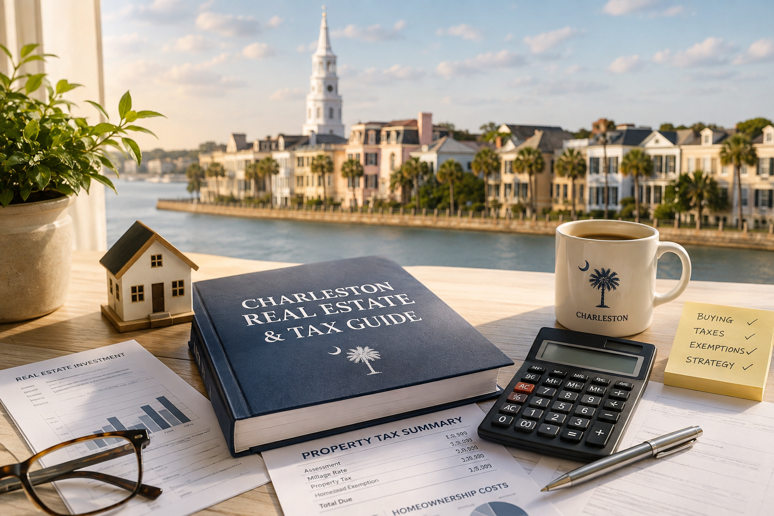 Charleston real estate and property tax guide with calculator, tax documents and model home overlooking Charleston’s historic waterfront.